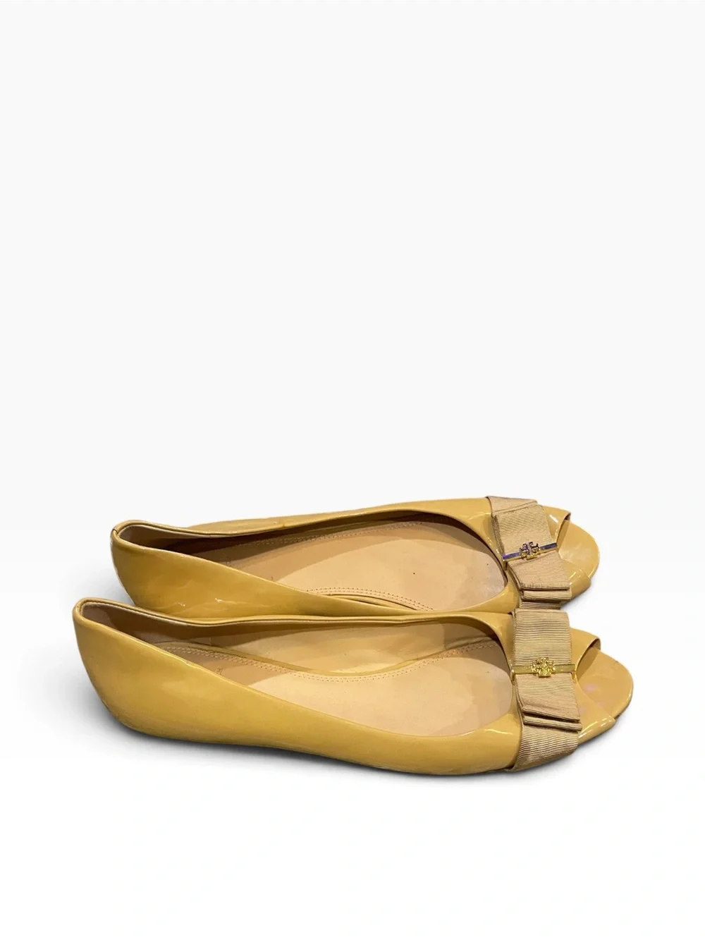 Tory Burch Tan Patent Peep-Toe Flats with Bow Accent Size 11